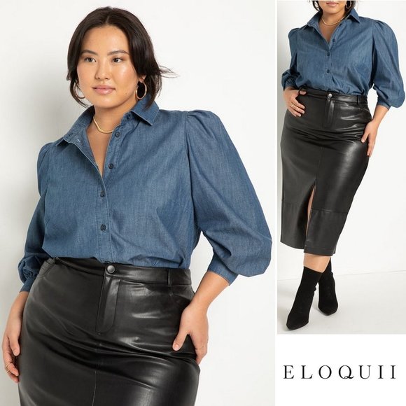 🖤 NEW Eloquii Puff Sleeve Chambray Button Down Blouse Shirt - Picture 6 of 6